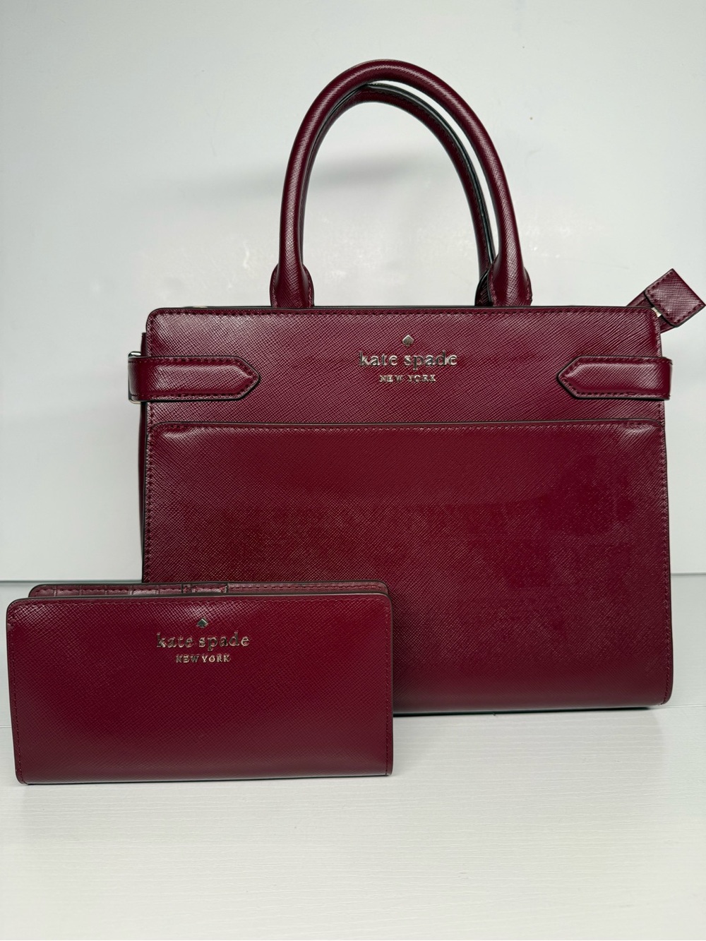 kate spade Burgundy Saffiano Leather Satchel with Matching Wallet